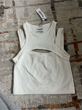 Garage White Ribbed Cutout Crop Tank